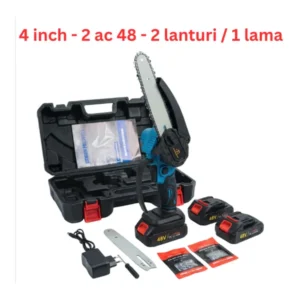 ( 10 / bax ) 
Mini fierastrau electric – 4 inch
2 baterii de 48V
2 lanțuri de rezervă,
1 lamă
1 incarcator
trusa de depozitare.