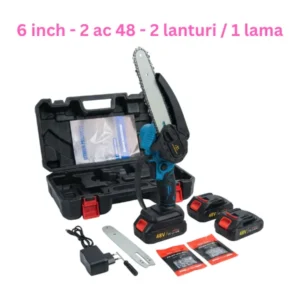( 10 / bax ) 
Mini fierastrau electric – 6 inch
2 baterii de 48V
2 lanțuri de rezervă,
1 lamă
1 incarcator
trusa de depozitare.