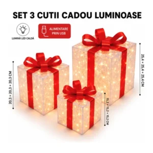 ( 16 / bax) SET 3 CUTII LUMINOASE / functioneaza pe baterie si USB
1*20 cm, 1*15 cm, 1*25 cm – lumina calda