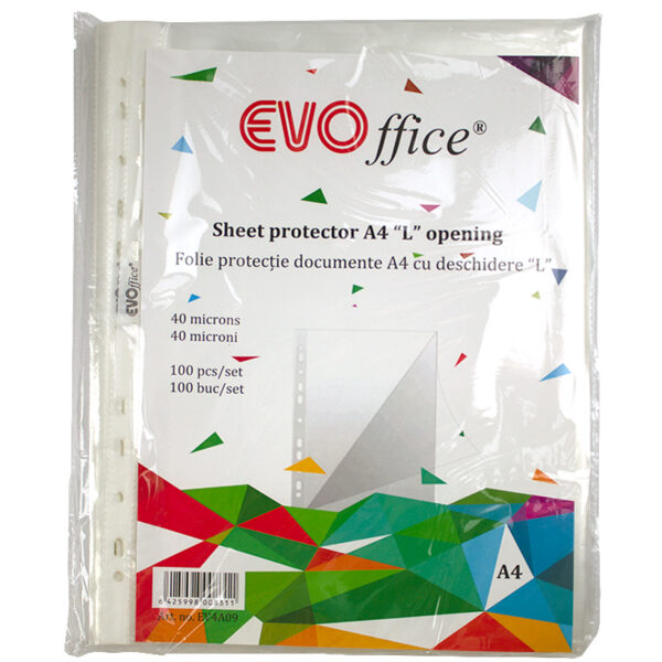 Folie protectie documente A4, 40 microni, cu deschidere "L", 100 buc/set EVOffice