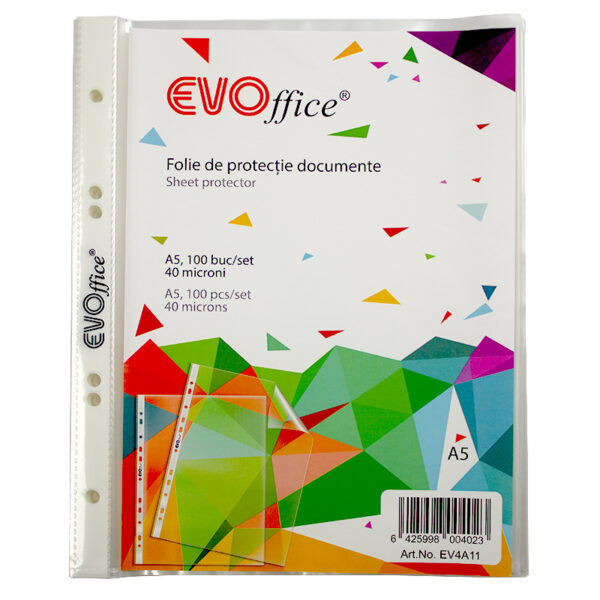 Folie protectie documente A5, 40 microni, 100 buc/set Evoffice