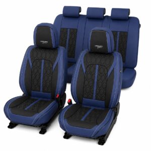 Huse auto premium 5 locuri Carguard Deluxe piele ecologica perforata – albastru inchis – negru
