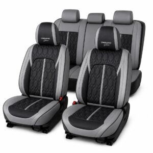 Huse auto premium 5 locuri Carguard Deluxe piele ecologica perforata – gri – negru
