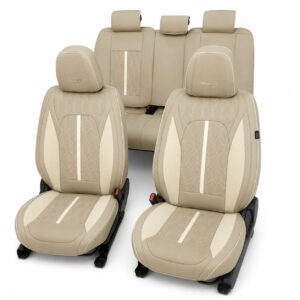 Huse auto premium 5 locuri Carguard Deluxe piele ecologica perforata – maro deschis – crem