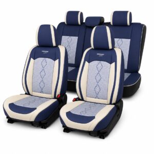 Huse auto premium 5 locuri Carguard Deluxe piele ecologica perforata si textil – albastru – alb