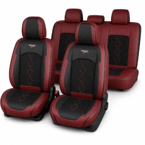Huse auto premium 5 locuri Carguard Deluxe piele ecologica perforata si textil – rosu inchis – negru