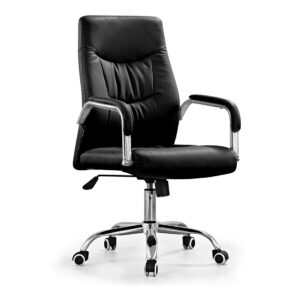 Scaun de birou directorial din piele ecologica, manere si baza din otel cromat EVOffice – negru