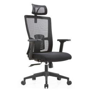 Scaun de birou office cu spatar mesh, tetiera reglabila pe inaltime, maner si baza din plastic EVOffice – negru