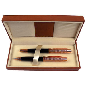 Set pix si roller metalic corp negru,accesorii rose gold,cutie din piele ecologica maro Willgo