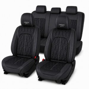 Huse auto premium 5 locuri Carguard Deluxe piele ecologica perforata - negru