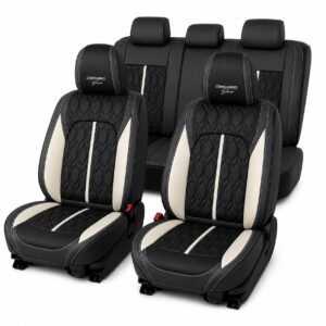 Huse auto premium 5 locuri Carguard Deluxe piele ecologica perforata - negru - alb