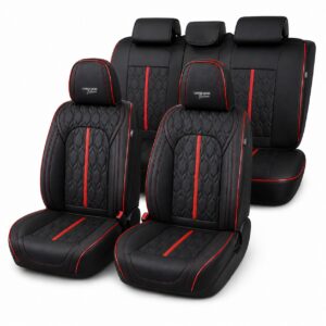 Huse auto premium 5 locuri Carguard Deluxe piele ecologica perforata - negru - rosu