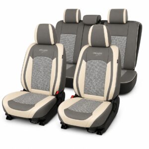 Huse auto premium 5 locuri Carguard Deluxe piele ecologica perforata si textil  - gri deschis - gri inchis