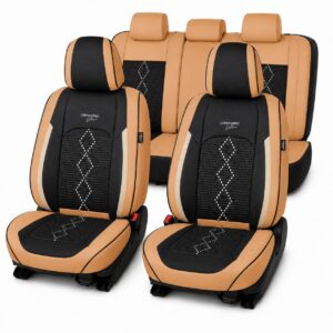 Huse auto premium 5 locuri Carguard Deluxe piele ecologica perforata si textil - maro caramel