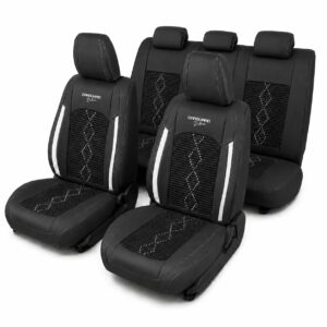 Huse auto premium 5 locuri Carguard Deluxe piele ecologica perforata si textil - negru - alb