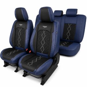 Huse auto premium 5 locuri Carguard Deluxe piele ecologica perforata si textil - negru - albastru inchis
