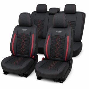 Huse auto premium 5 locuri Carguard Deluxe piele ecologica perforata si textil - negru - rosu inchis